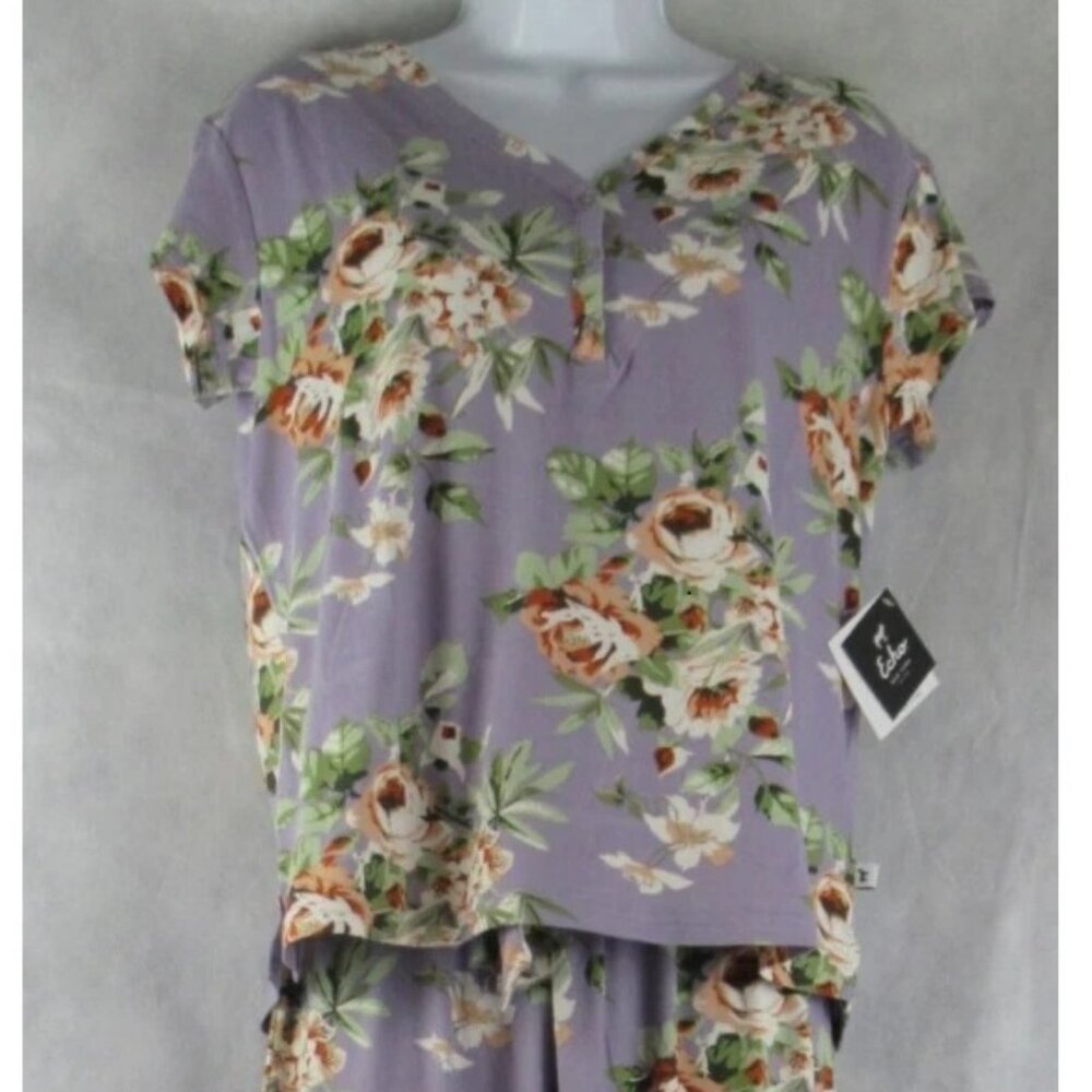 NWT Echo Women's 2-Piece Short Sleeve Wide Leg Pajama Set, Purple Floral - Picture 3 of 5